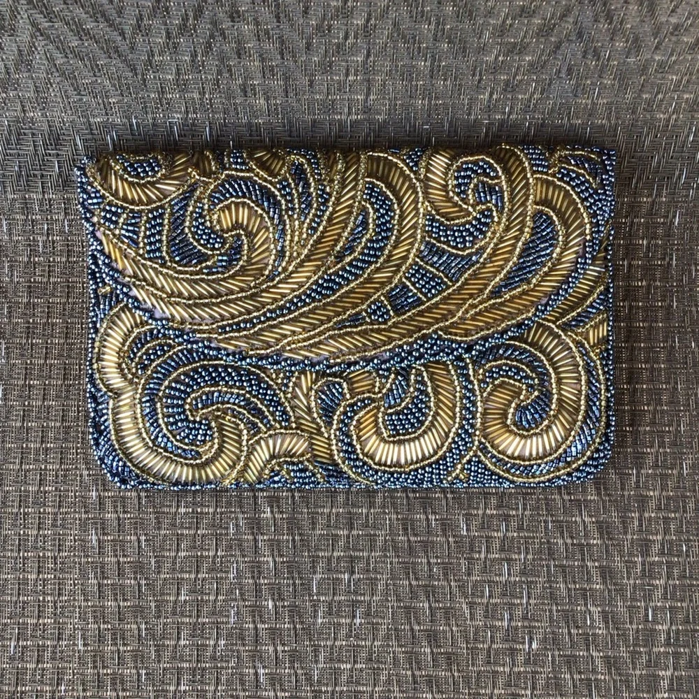 Elegant Gold/Slate Beaded Clutch Bag